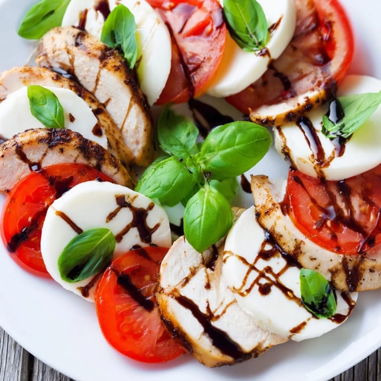 Close-up of Chicken Caprese Salad showing grilled chicken, ripe tomatoes, fresh mozzarella, basil, and a glossy balsamic drizzle.