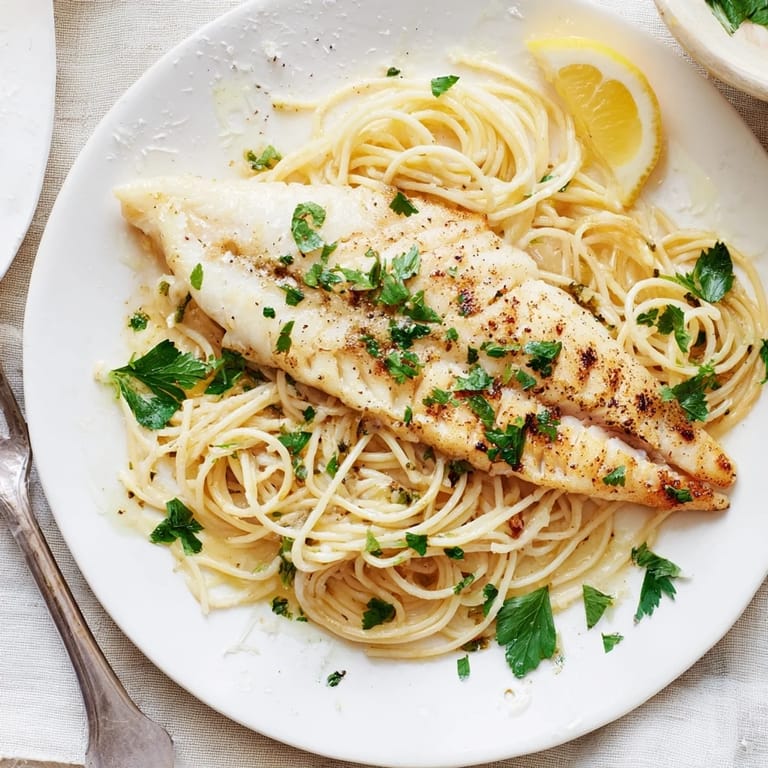 Zesty Lemon Bass Pasta served with flaky sea bass, sautéed garlic, and a silky lemon-wine sauce, perfect for a quick weeknight Italian-inspired dinner.