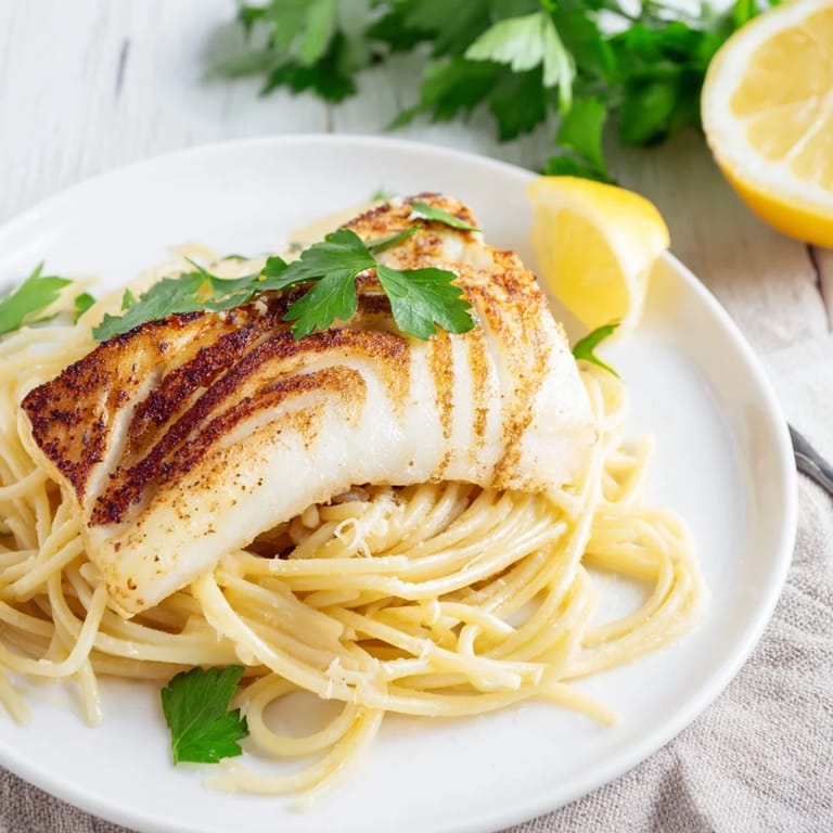 Close-up of Lemon Bass Pasta with tender grilled cod, vibrant lemon wedges, and fresh herbs, showcasing a colorful and appetizing main dish presentation.