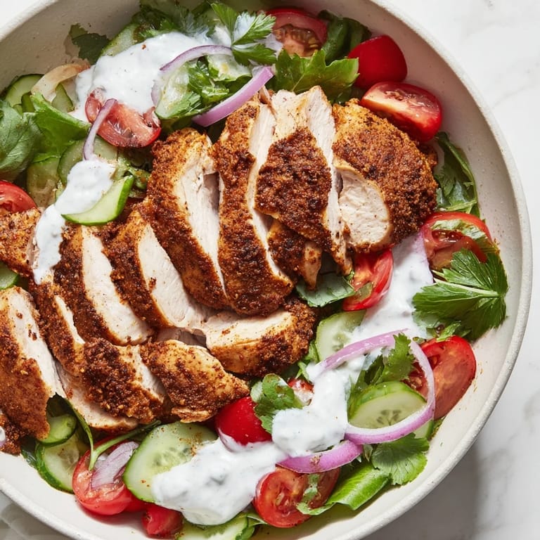 Freshly grilled, spiced chicken shawarma slices sit atop a vibrant salad of crisp romaine, cherry tomatoes, and cucumbers, ready to be drizzled with creamy garlic sauce.  