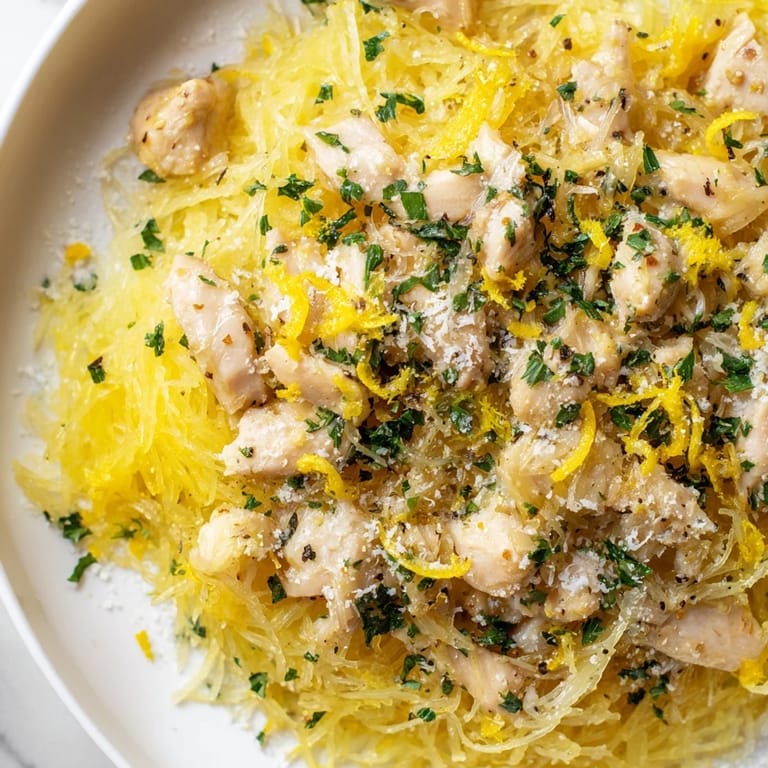 Serving of Lemon Garlic Chicken Spaghetti Squash in a white bowl, featuring golden chicken pieces and vibrant yellow squash strands, ready to enjoy.