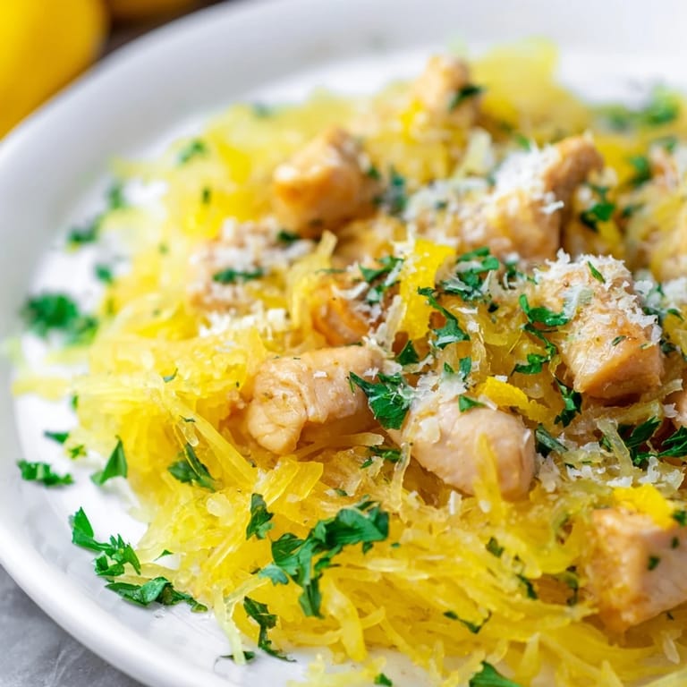 A close-up of fluffy spaghetti squash noodles topped with savory lemon garlic chicken, garnished with fresh herbs and a wedge of lemon on the side.
