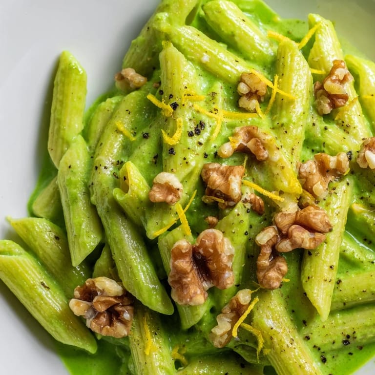 Steaming Creamy Spinach Walnut Pasta tossed in a velvety green sauce, ready to enjoy with a sprinkle of black pepper.