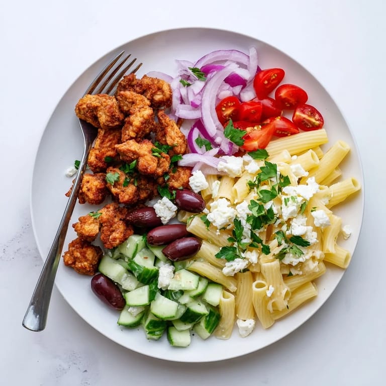 A serving of Crispy Chicken Greek Pasta features feta crumbles and fresh parsley garnish.