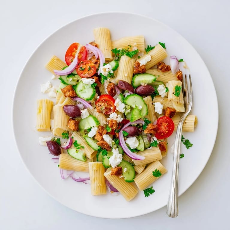 Zesty dressing coats penne pasta, tender chicken, and colorful Mediterranean vegetables in this dish.