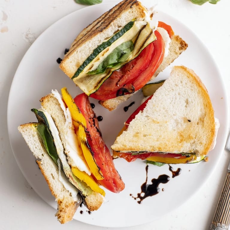 The Roasted Veggie Caprese Grilled Cheese features golden, buttery bread with melty cheese and colorful vegetables for a satisfying vegetarian meal.  