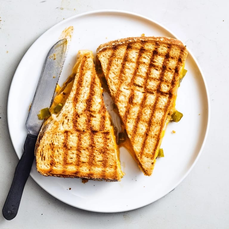 A close-up of Jalapeño Pepper Jack Grilled Cheese showing melted cheese and golden, buttery toasted bread crust.