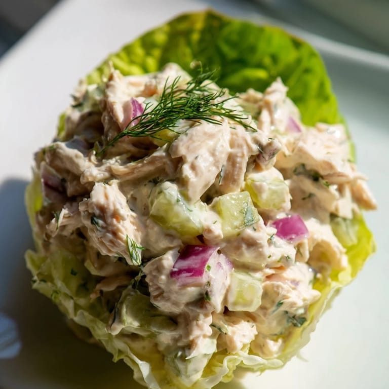 Dill Pickle Chicken Salad Lettuce Cups presented on a platter, a light and tangy low-carb meal ready for a quick lunch.