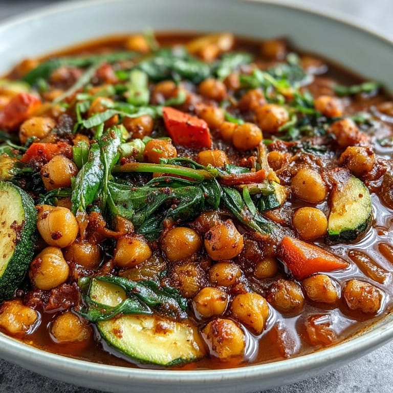 Ready-to-serve Spicy Chickpea Stew, garnished with fresh cilantro, alongside a slice of crusty bread for dipping.  