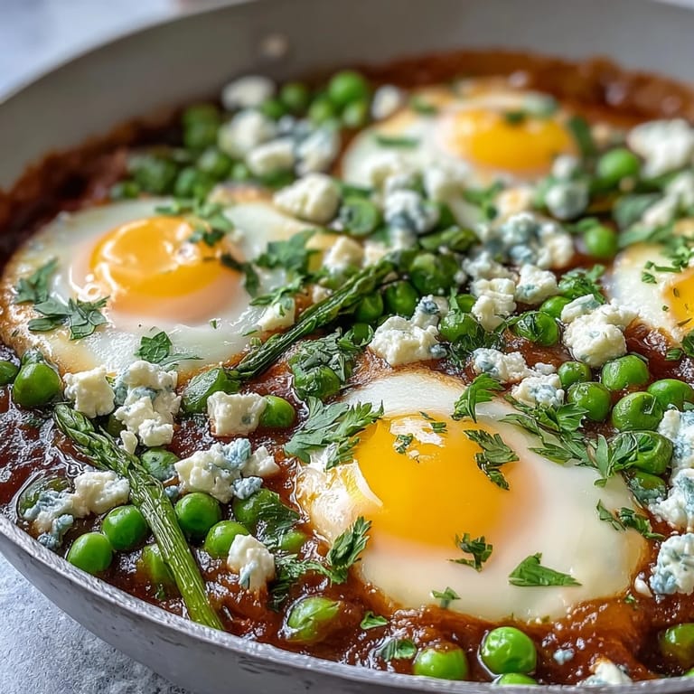 Hearty Pea and Broad Bean Shakshuka simmering in smoky tomato sauce, with runny-yolk eggs and fresh herbs for a satisfying family meal.