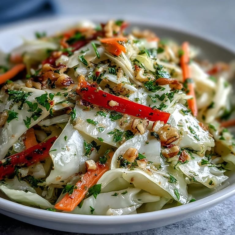Ready to serve, this Cooked and Loved Cabbage Salad is topped with toasted walnuts, fresh parsley, and crumbled feta for extra flavor.