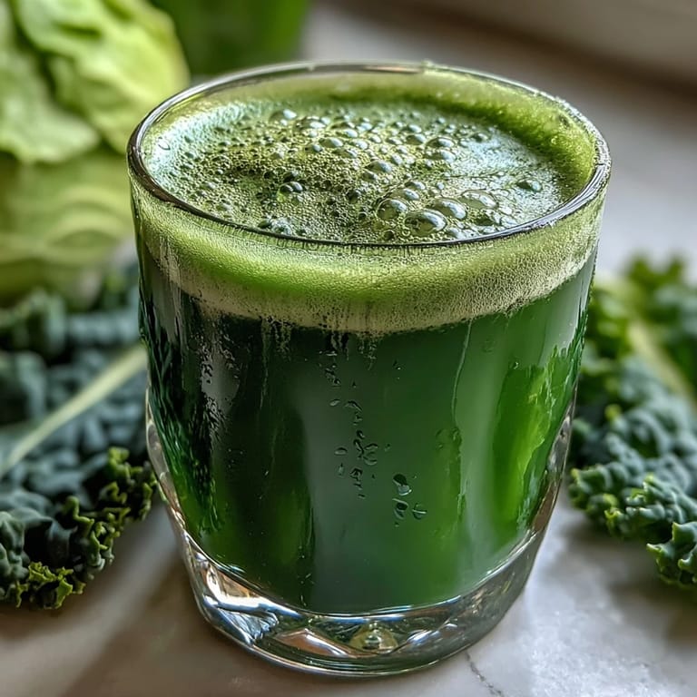 Cabbage and Kale Detox Juice poured into a mason jar with ice, showcasing its bright emerald color and nutrient-rich texture.