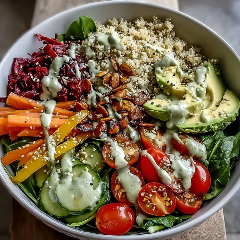 Colorful vegetables and fluffy quinoa make this Rainbow Buddha Bowl With Quinoa a perfect gluten-free vegetarian dinner, served with a zesty dressing.