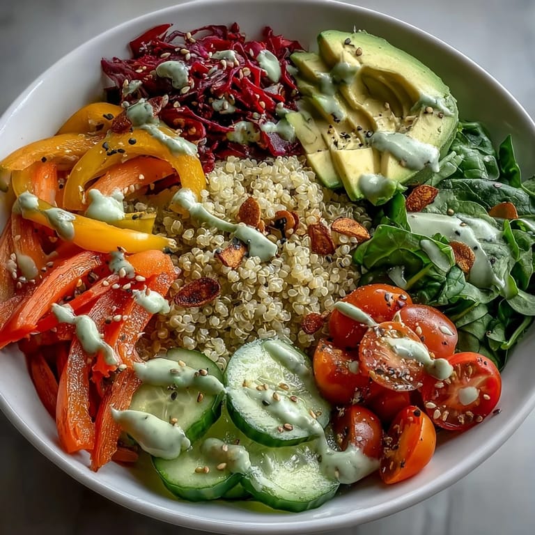 This wholesome Rainbow Buddha Bowl With Quinoa is arranged with avocado, cherry tomatoes, and seeds for a nourishing lunch bowl.