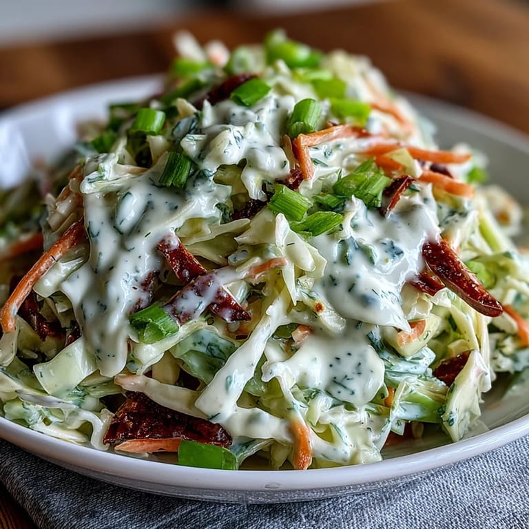 Vibrant bowl of Best Cabbage Coleslaw featuring crunchy vegetables and a creamy dressing, garnished with fresh green onions.