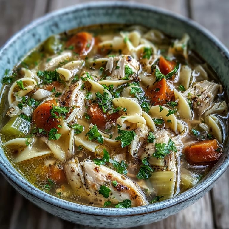 Freshly baked dinner rolls accompany a warm pot of Chicken Noodle Soup on a table.