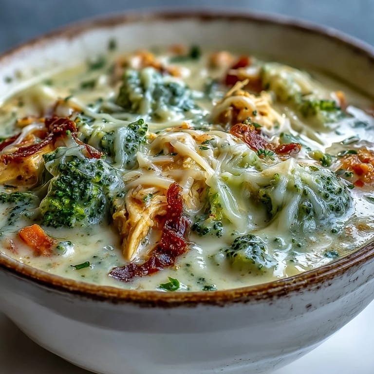 A spoon dipping into a warm bowl of Best Chicken Broccoli Cheddar Soup, revealing shredded chicken and sharp cheddar in every bite.