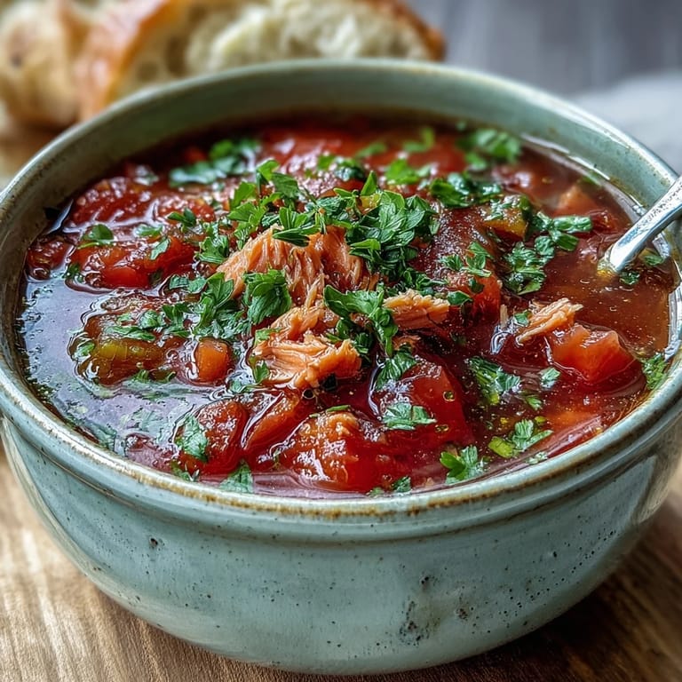 Hearty Italian-inspired Tuna and Tomato Soup simmering in a pot, showcasing tender tuna flakes and vibrant vegetables in a rich red broth.