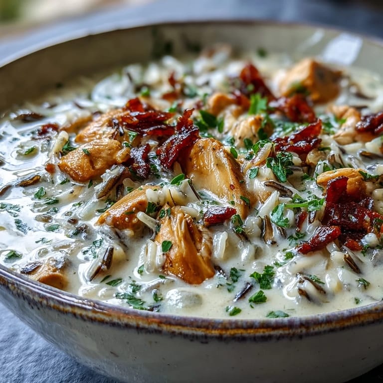 Creamy and rich, this Parmesan Mushroom Chicken and Wild Rice Soup is served with crusty bread.