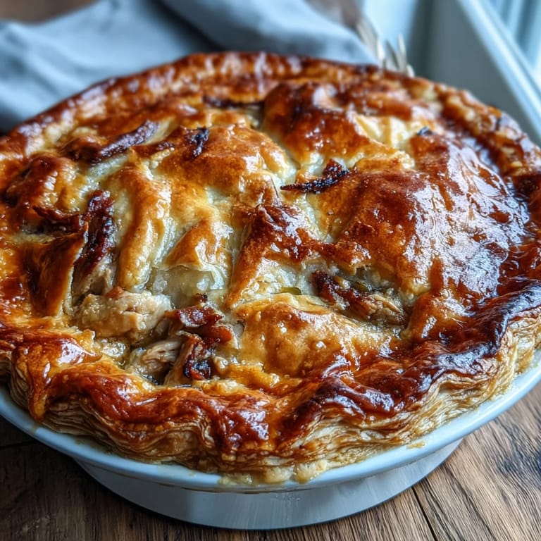 Buttery crust encases creamy chicken and leek pie, paired with a fresh green salad on a rustic wooden table.