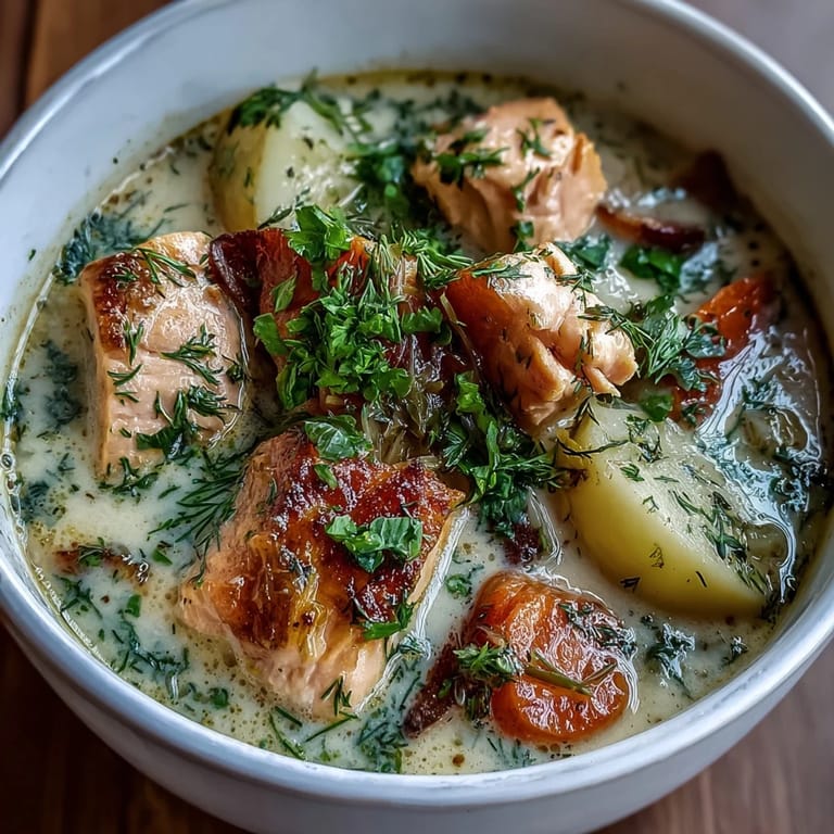 Flaky salmon and soft potatoes swimming in a rich, dill-infused broth, perfect for a comforting Finnish dinner.