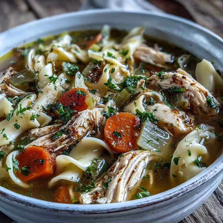 Steaming Chicken and Noodle Soup with wide egg noodles, carrots, and herbs in a white ceramic bowl, ready to enjoy.