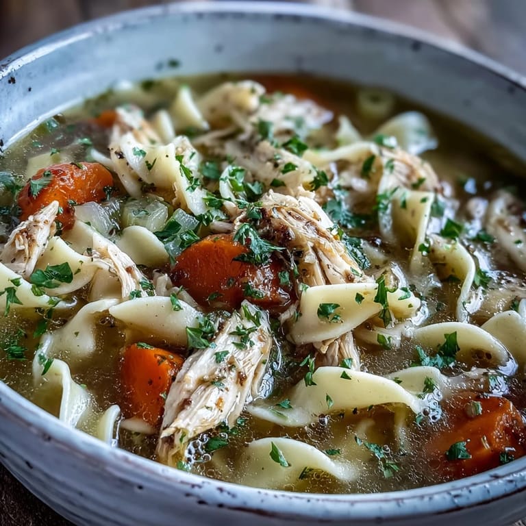 A cozy bowl of Chicken and Noodle Soup garnished with fresh parsley, served alongside crusty bread on a rustic table.