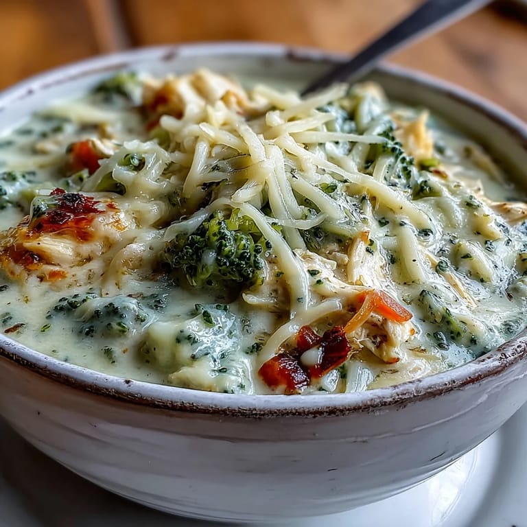 The Best Chicken Broccoli Cheddar Soup simmering in a pot, showing tender broccoli florets, diced chicken, and a rich, cheesy texture.