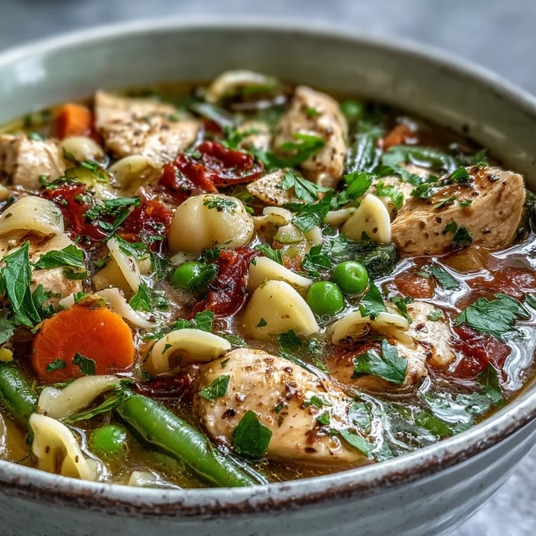 Tender chicken, diced carrots, and pasta shapes simmer in a hearty broth, garnished with fresh parsley in this soup.