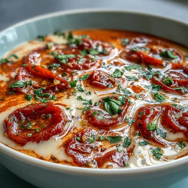 Chunky White Bean Soup With Tomato steaming in a white bowl with a basil sprig on top.