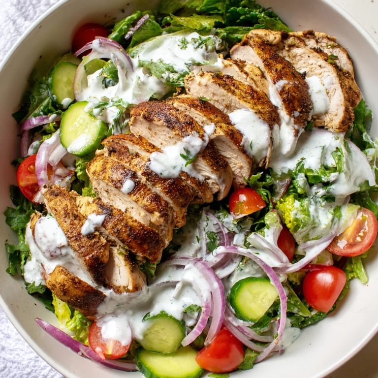 The finished chicken shawarma salad bowl showcases juicy, golden-brown chicken pieces nestled in a colorful bed of greens and fresh vegetables.  