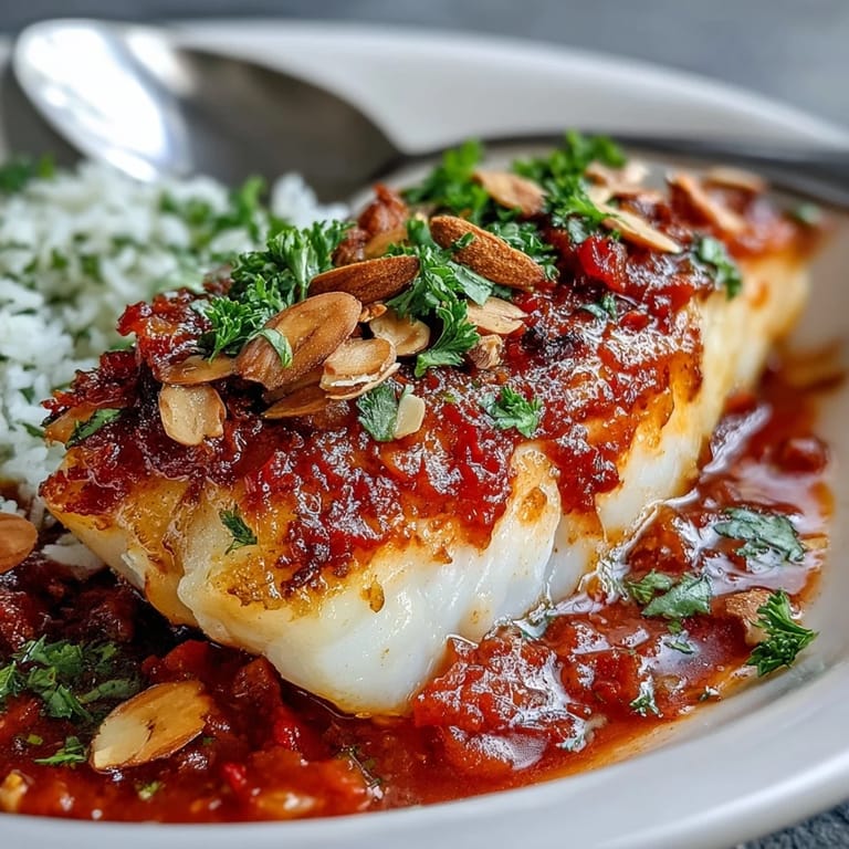 Flaky tomato-roasted cod served over steaming ginger rice, garnished with golden spiced almonds and chopped parsley, ready to enjoy.