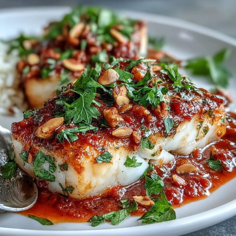 Colorful tomato-roasted cod plated with aromatic ginger rice, finished with toasted spiced almonds and lemon wedges for brightness.