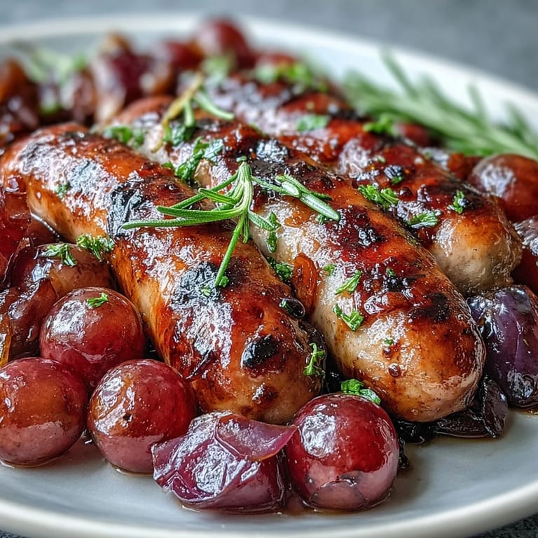 Juicy roasted sausage and grapes nestled with soft red onions, ready to serve with creamy polenta or crusty bread.