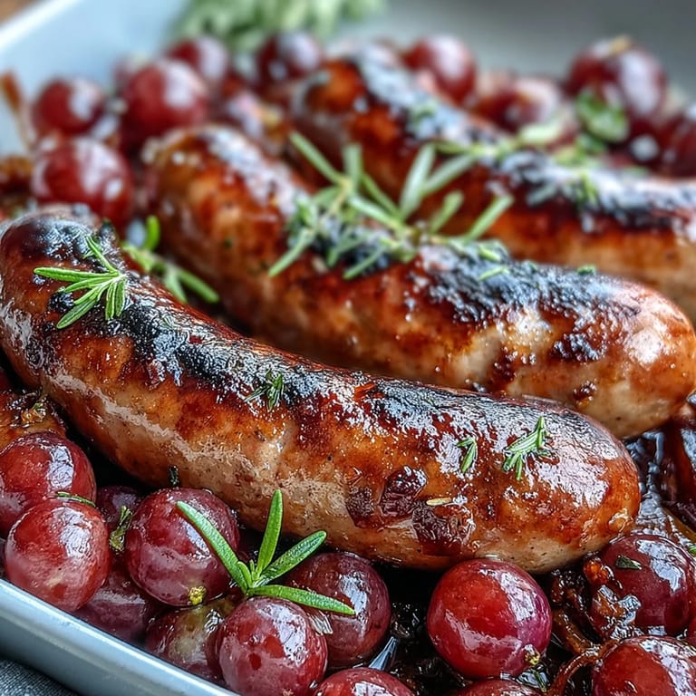 Easy one-pan roasted sausage and grapes, garnished with fresh rosemary, glistening with olive oil and savory pan juices.