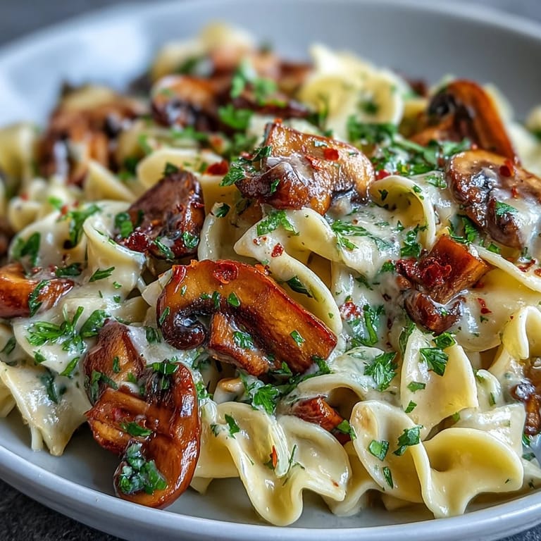 A skillet of Creamy Mushroom Stroganoff with fettuccine noodles tossed in rich sauce.