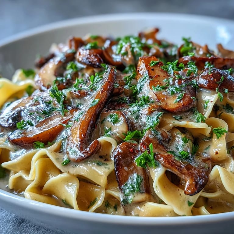 Vegetarian Creamy Mushroom Stroganoff garnished with parsley, ready to serve for dinner.