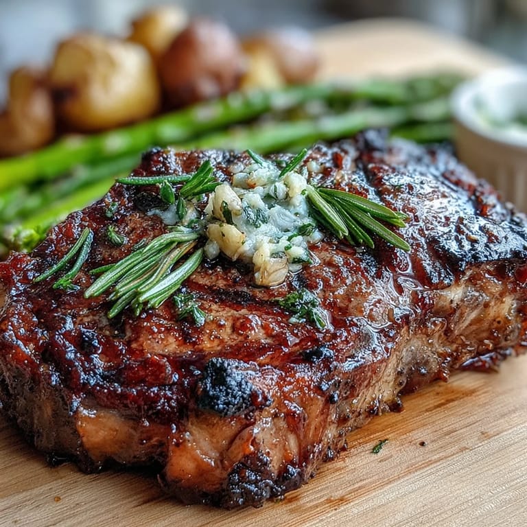 Golden grilled bone-in rib eye topped with rosemary and garlic, paired with asparagus and potatoes.