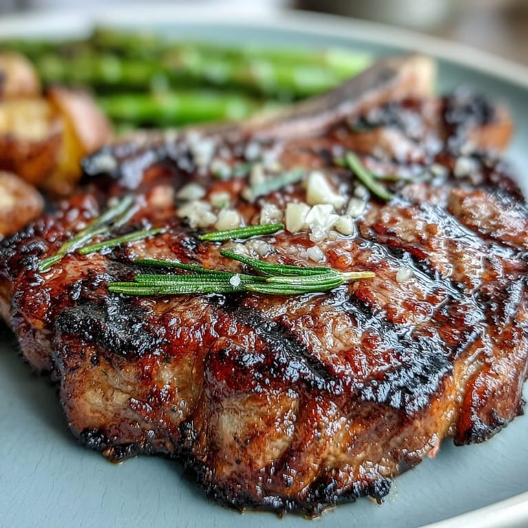 Sliced grilled bone-in rib eye revealing juicy interior, plated with asparagus and potatoes for a complete dinner.