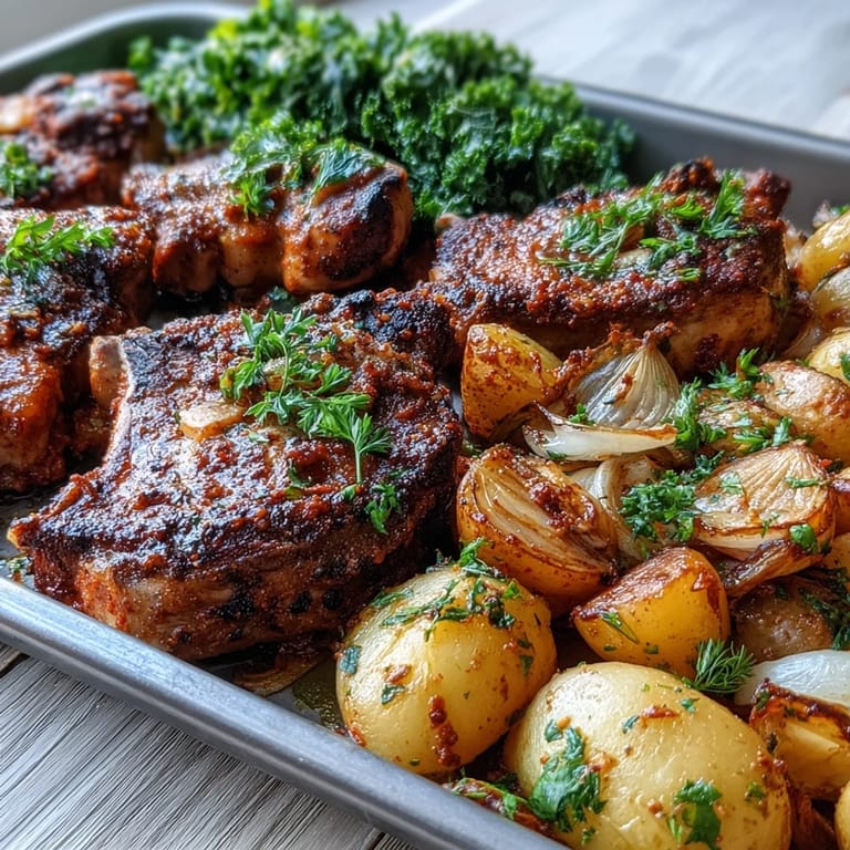 A close-up of Aleppo Pork Chops with Potatoes and Greens, garnished with lemon zest and glistening olive oil.