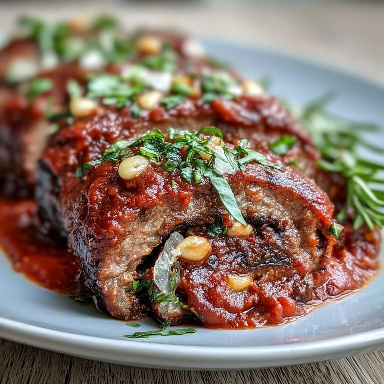Plated Sicilian-Style Braciole topped with fresh basil and grated pecorino, served alongside creamy polenta for a family dinner.