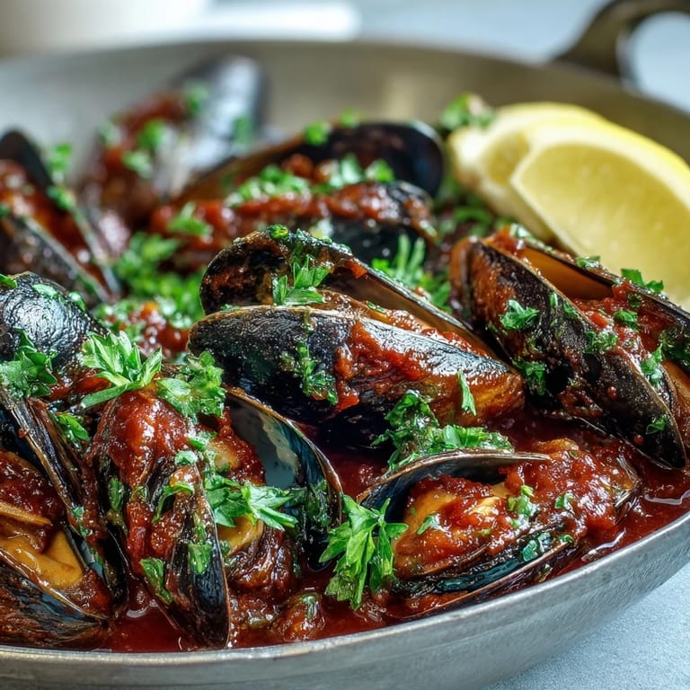 A close-up of Smoky Mussels Pomodoro bubbling in a skillet, featuring tender seafood in a rich, red tomato broth.