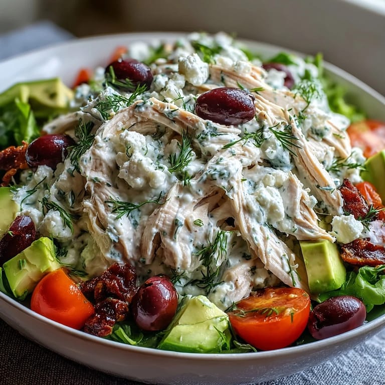 A vibrant bowl of Tzatziki Chicken Salad topped with feta, Kalamata olives, and juicy cherry tomatoes, perfect for meal prep or a quick gluten-free dinner.