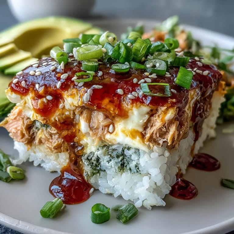 Hot Spicy Salmon Sushi Bake scooped onto a crispy nori sheet, showcasing creamy layers of spicy salmon and seasoned rice.