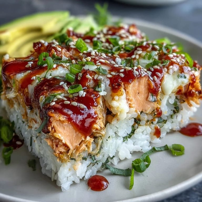 Delicious homemade Spicy Salmon Sushi Bake garnished with avocado and drizzled with spicy mayo, perfect for a family dinner.