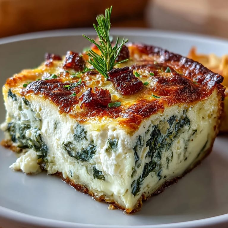 Sliced into squares, the High Protein Spinach Artichoke Bake is a perfect meal-prep lunch with veggies.