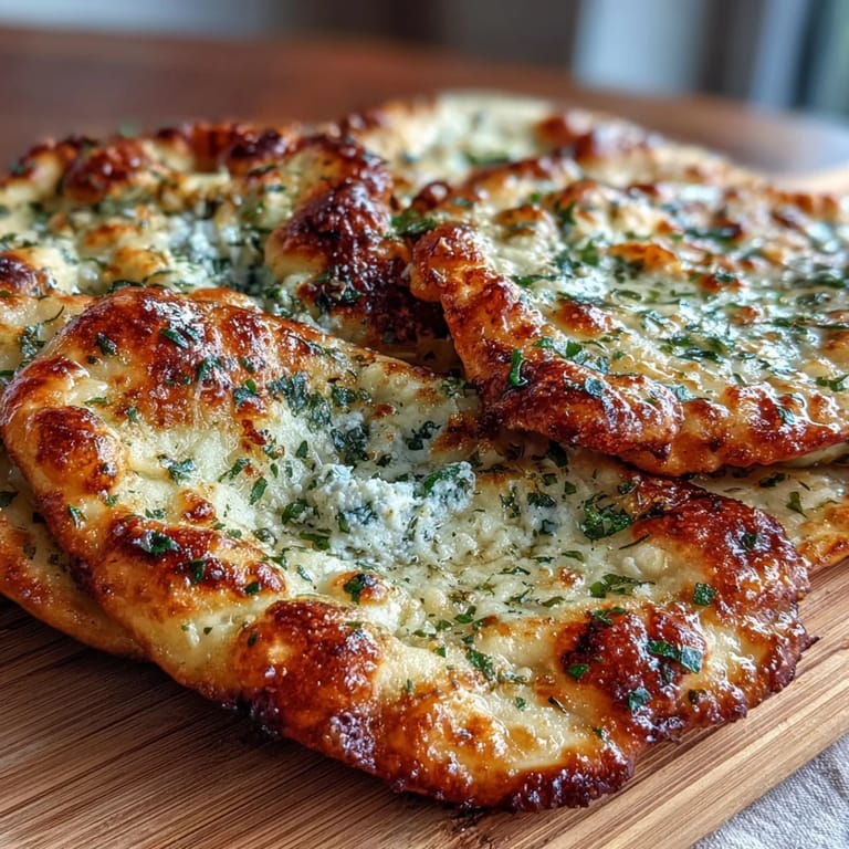 Warm, fluffy The Best Easy Garlic Naan bread brushed with garlic butter, served beside a creamy bowl of chicken curry.