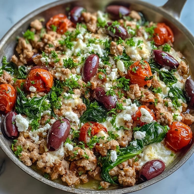 Ready-to-eat Mediterranean Keto Ground Chicken Skillet garnished with feta and olives, served warm on a rustic plate.