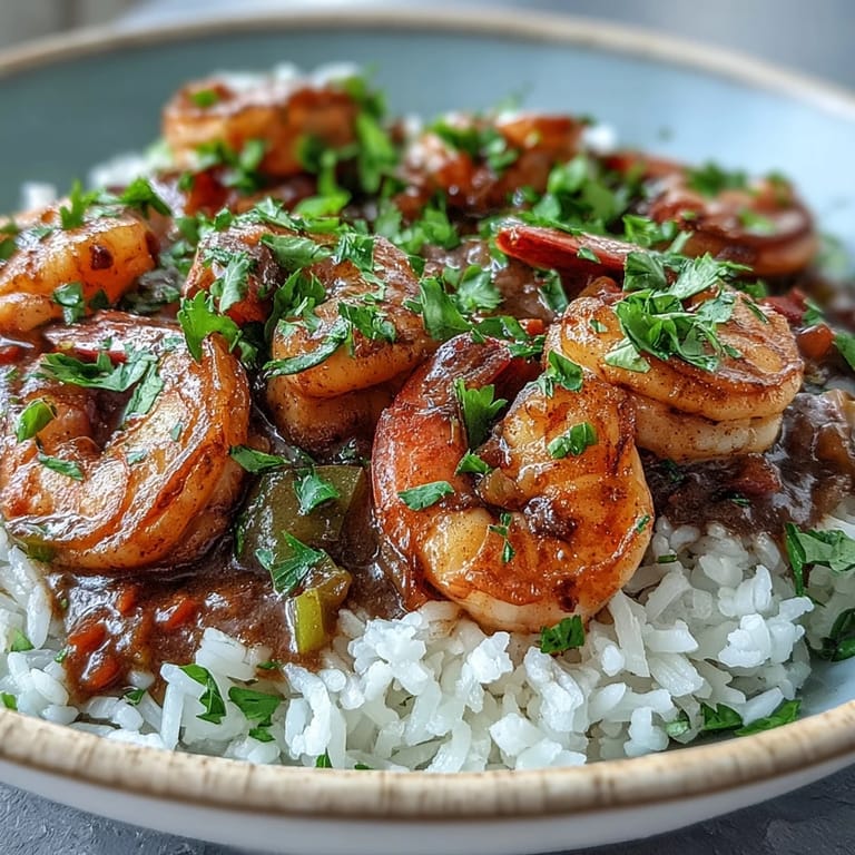 Shrimp simmered in a dark roux with bell peppers, onion, and celery.