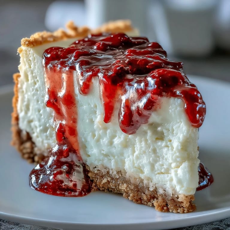 A fork breaking into chilled Indulgent White Chocolate Raspberry Cheesecake Bliss, showing the buttery graham crust and smooth white chocolate filling.